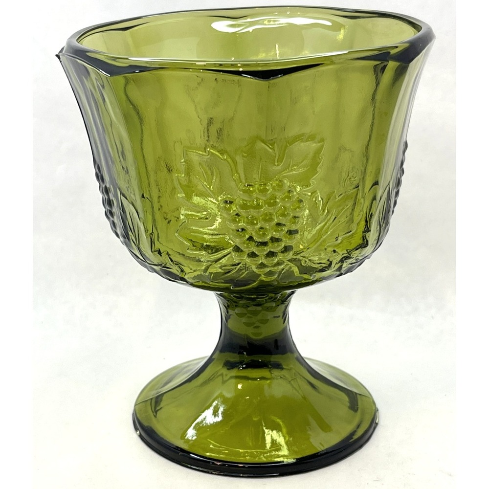 Vintage Indiana Glass Compote Candy Dish Embossed Harvest Grape Avocado Green